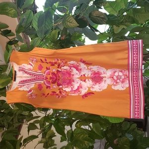 NY & Company Floral Sleeveless V Neck Orange Pink Midi Dress Large